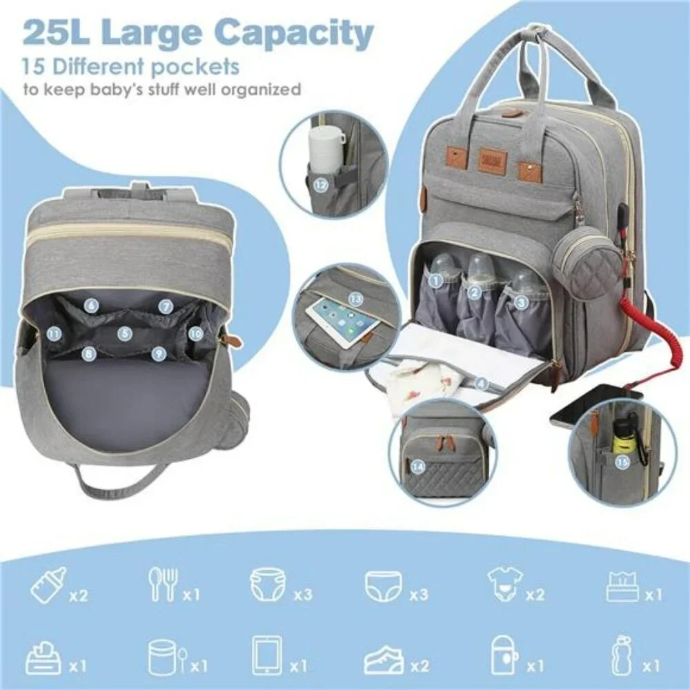 Large diaper bag backpack with changing station waterproof travel baby bag grey